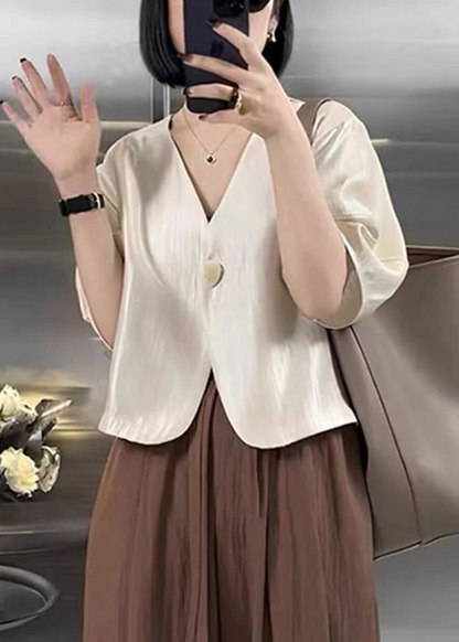 Elegant V-Neck Buttoned Silk Blouse Short Sleeve Top