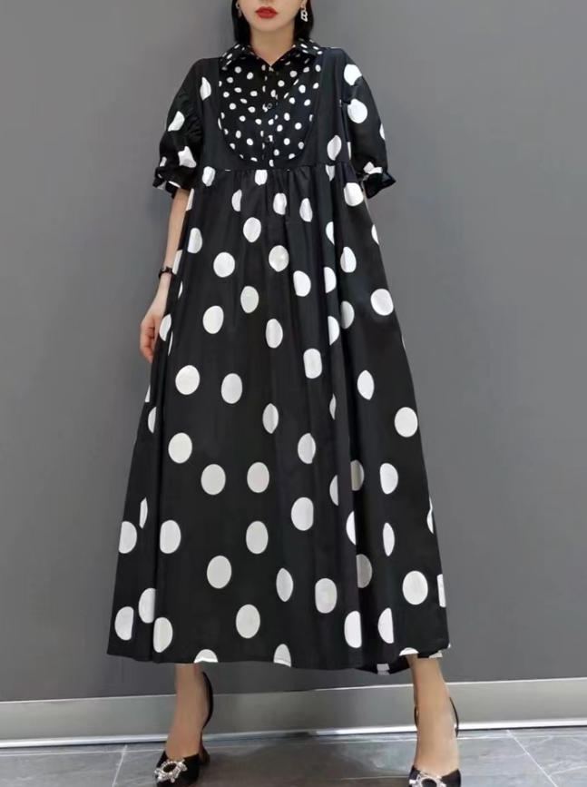 Casual Black and White Polka Dot Short Sleeve Shirt Dress