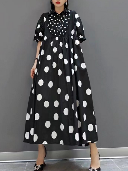 Casual Black and White Polka Dot Short Sleeve Shirt Dress