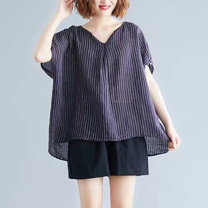 Women's Striped Linen V-Neck Shirt Top