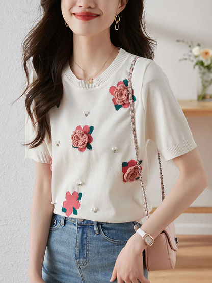 Elegant Round Neck Bubble Sleeve Floral Knit Short Sleeve Blouse Top