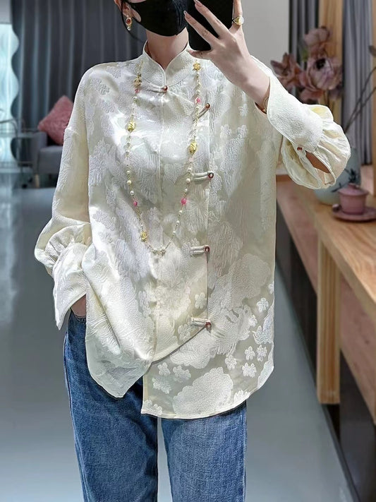 Chinese Standing Collar Button Wrap Silk Jacquard Blouse