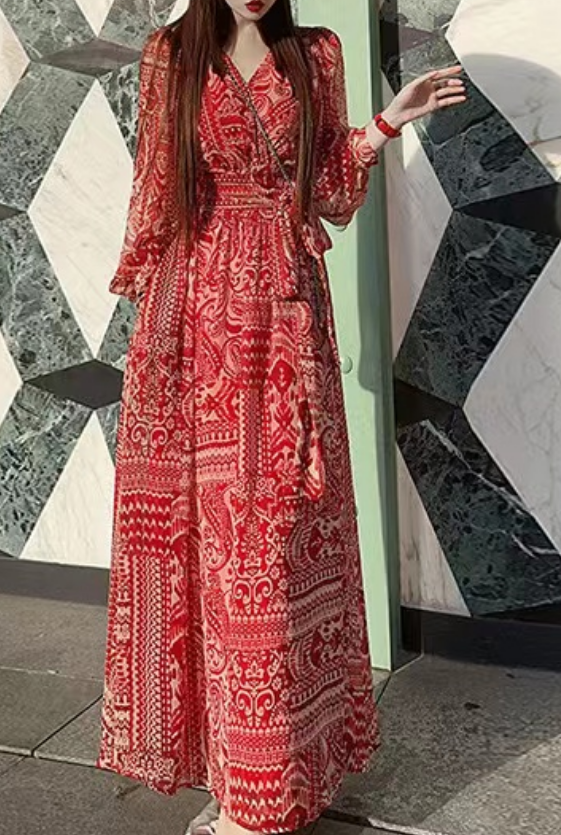 French Waisted Printed Long Sleeve Long Dresses