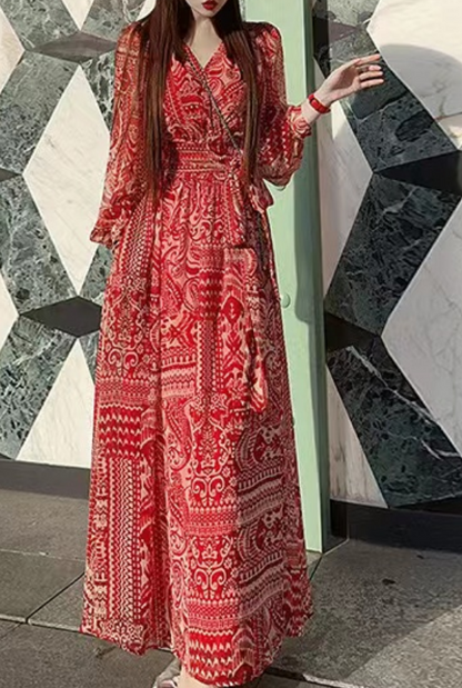 French Waisted Printed Long Sleeve Long Dresses