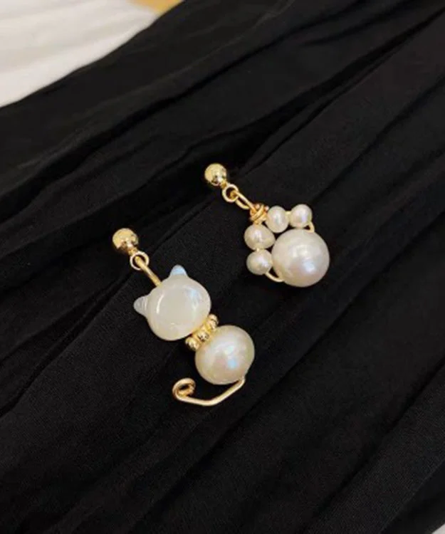 Women's Pearl Kitten Asymmetrical Dangle Earrings