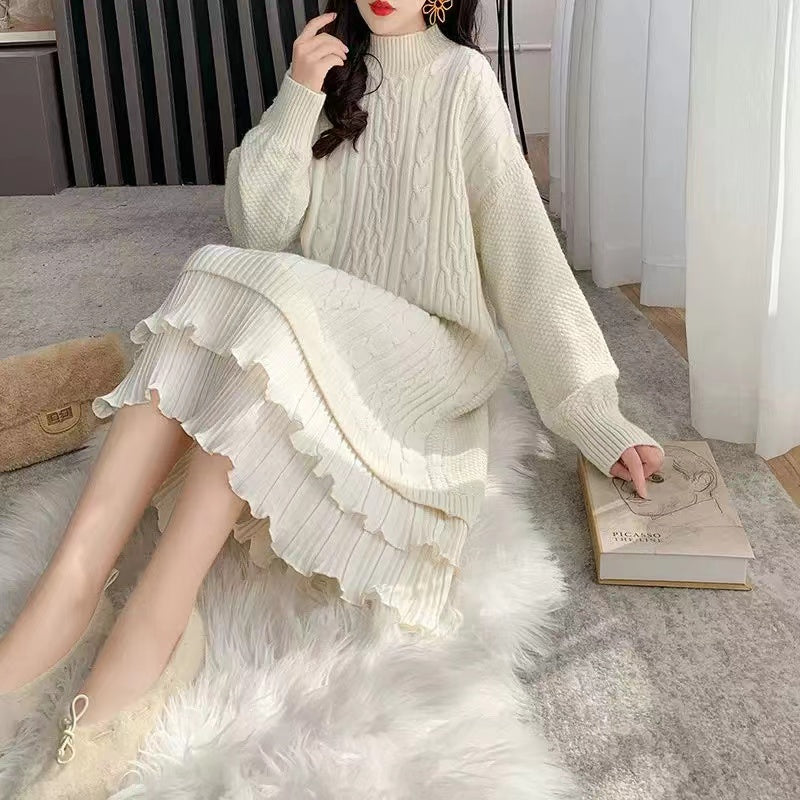 Elegant Patchwork Long Sleeve Long Knit Sweater Dress