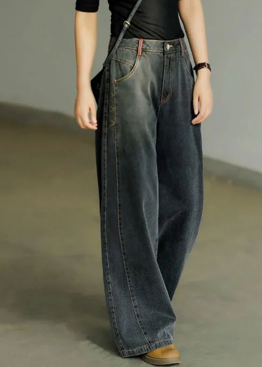 Women's High Waist Pocket Cotton Denim Wide Leg Pants Spring