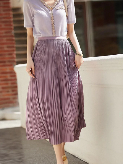 Elegant Patchwork Long Pleated Skirt