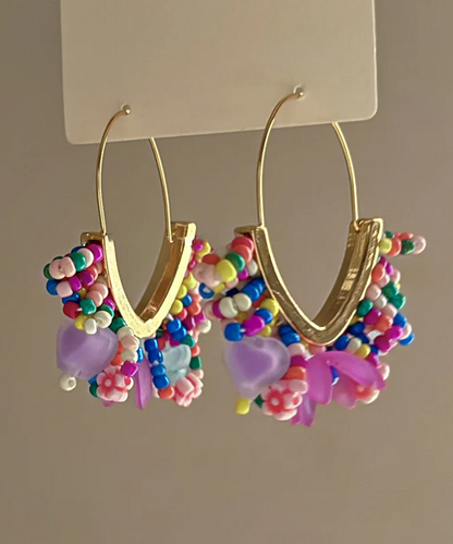 Colourful Rose Sterling Silver Alloy Beaded Hoop Earrings