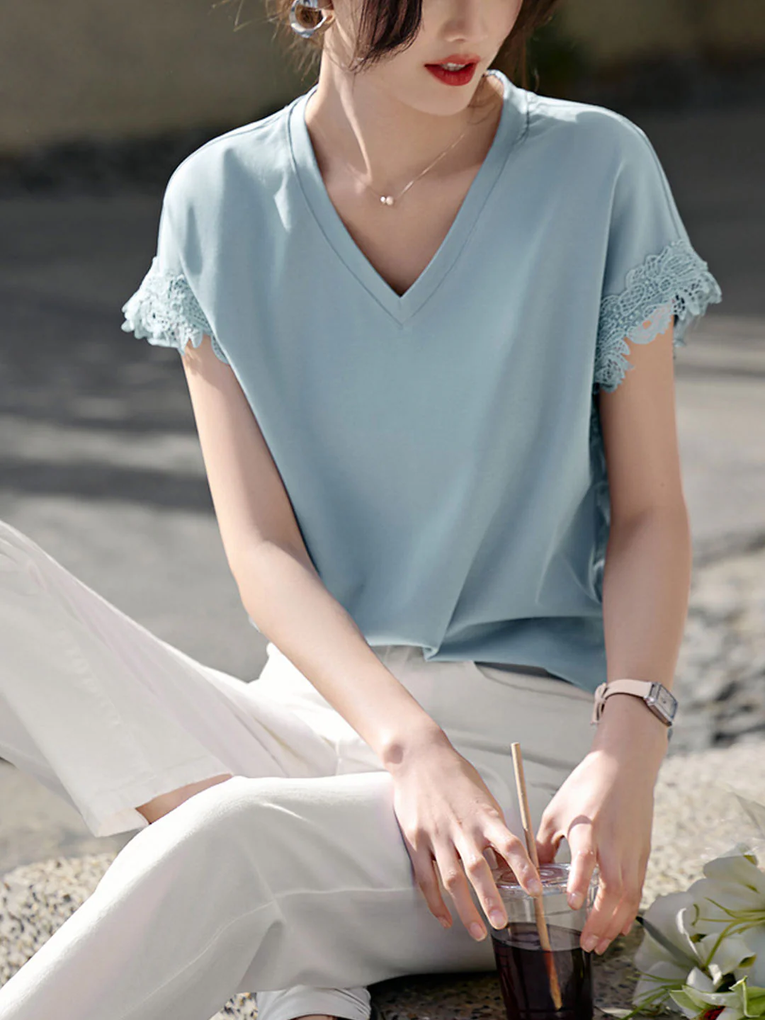 Elegant Shoulder Sleeve Lace Patchwork Short Sleeve Blouse Top