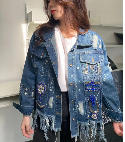 Stylish diamond-encrusted irregular fringe hem denim jacket