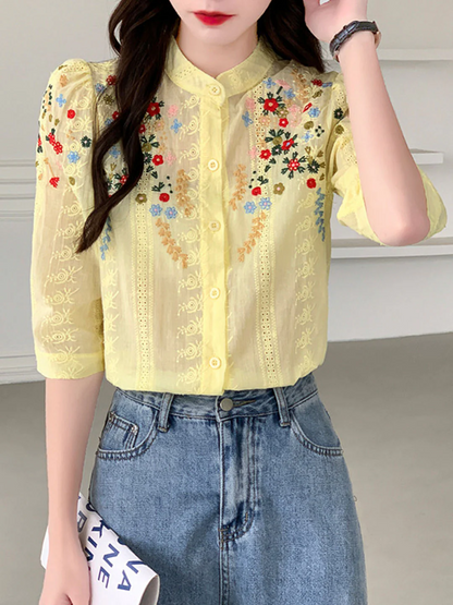 Elegant Embroidered Jacquard Short Sleeve Cardigan Shirt Top