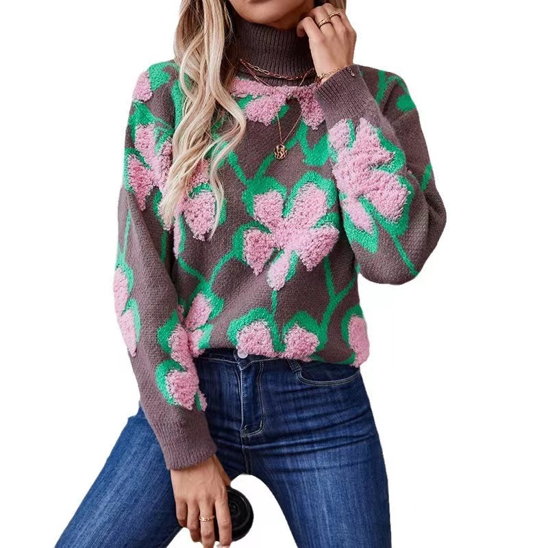 High Neck Brown Floral Clash Colour Knit Sweater