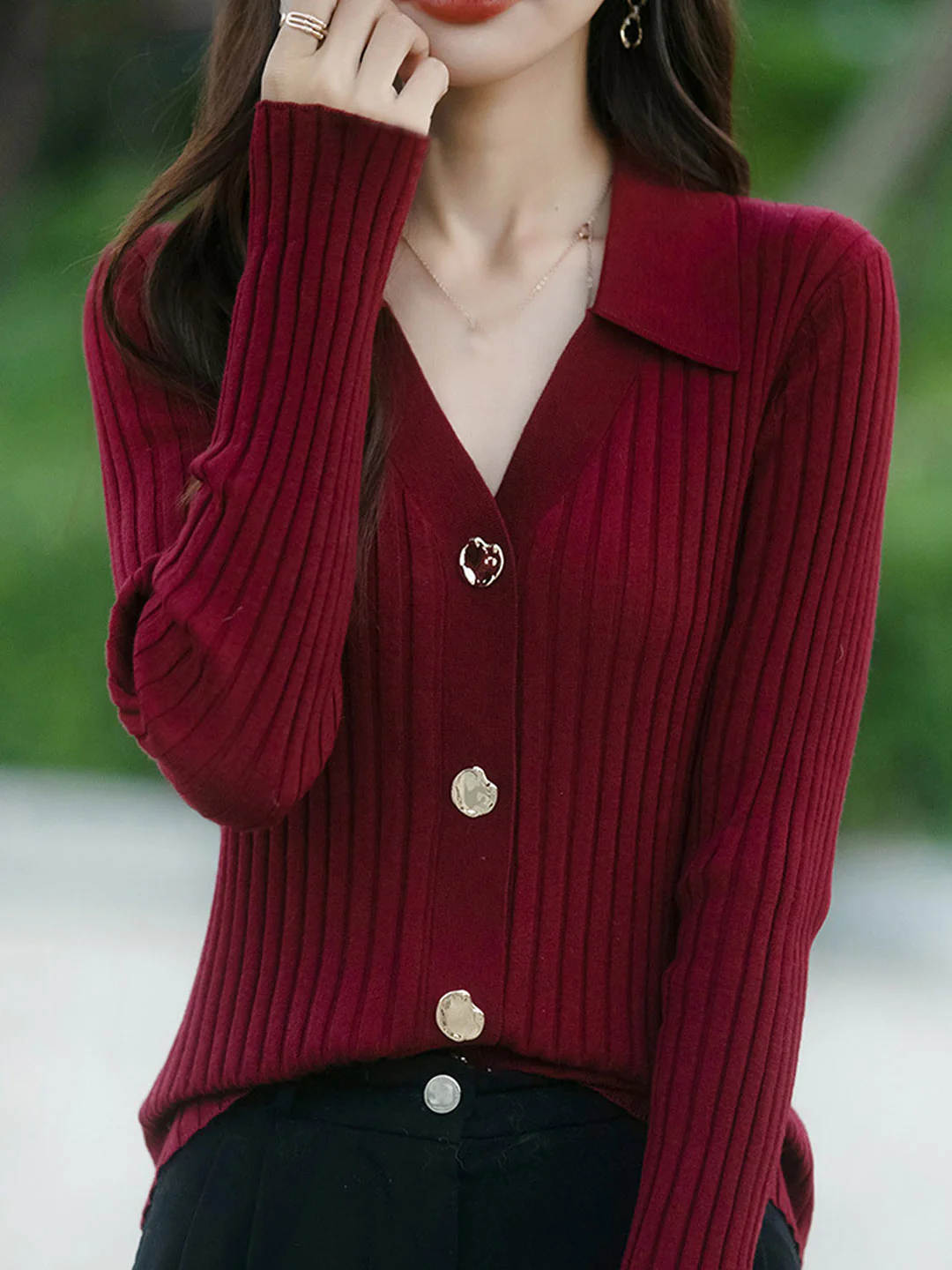 Women's Classic Lapel Ribbed Knit Cardigan Fall