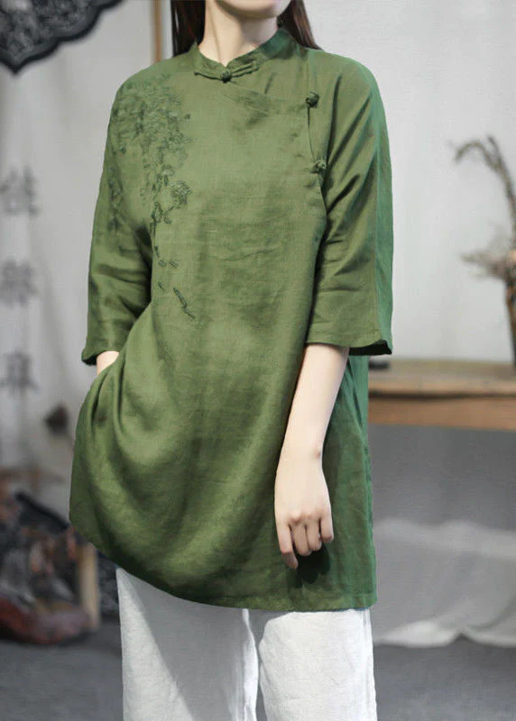 Women's Standing Neck Embroidered Linen Half Sleeve Top