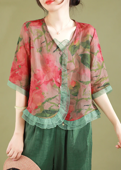 Fashion Ruffle Button Patchwork Linen Shirt