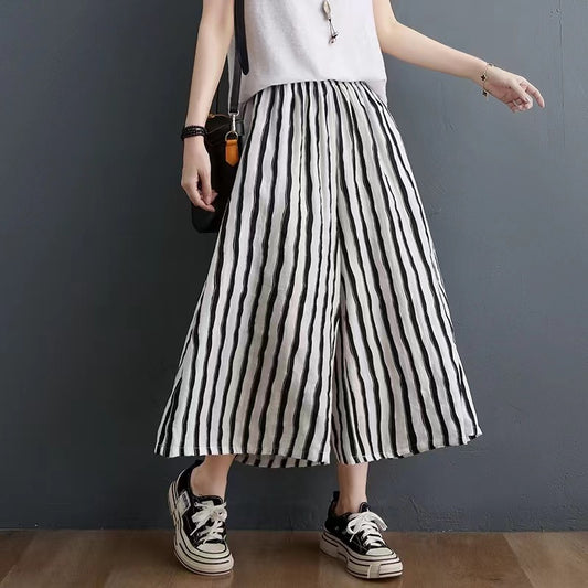 Black And White Oversized Striped Cotton Wide Leg Pants