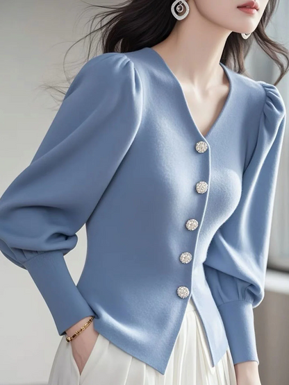 Women's Blue V-Neck Bubble Sleeve Knit Cardigan Spring