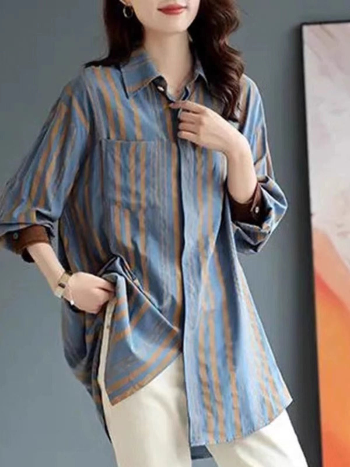 Casual Lapel Striped Color Clash Long Sleeve Shirt Top