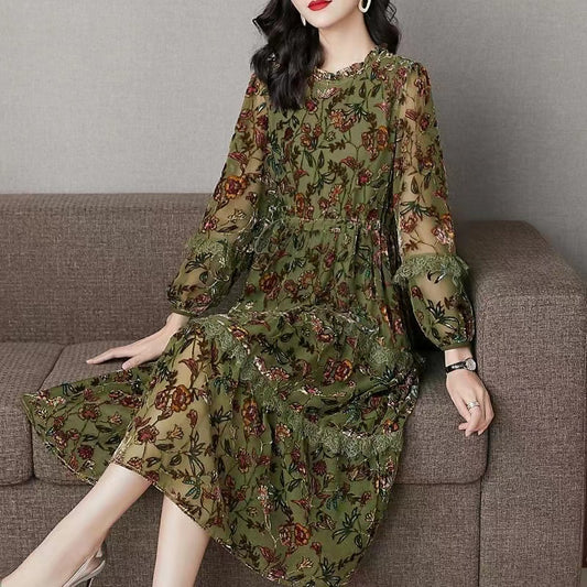 Elegant ruffled patchwork velvet mid-length dress