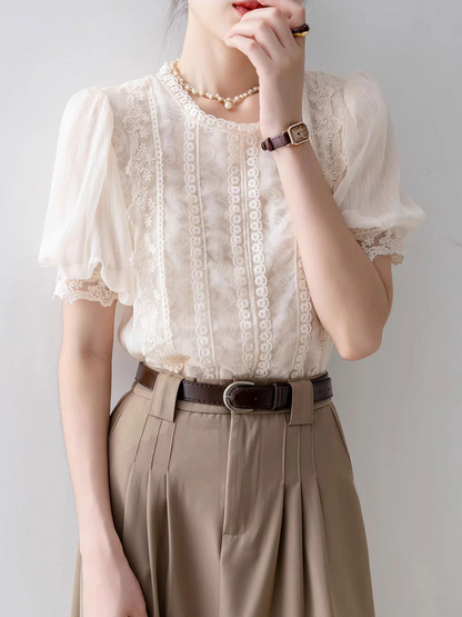 Elegant Round Neck Bubble Sleeve Lace Patchwork Blouse Top