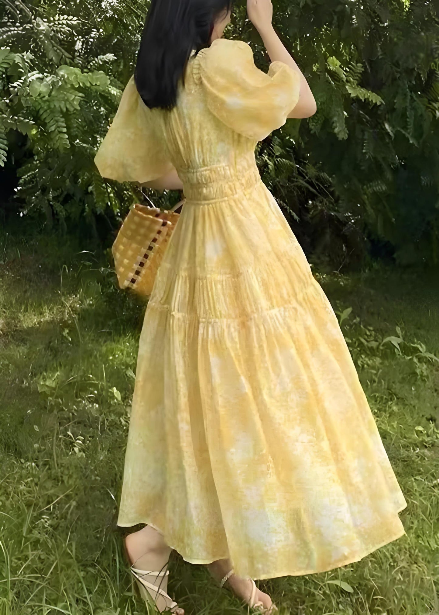 Italian Bohemian Yellow V Neck Printed Long Dress Summer