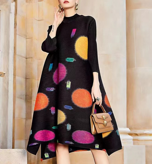 Colorblocked Polka Dot Pleated A-Line Dress