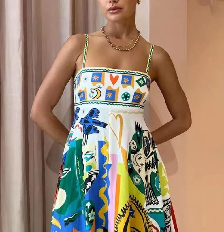 Elegant Graffiti Color Clash Beach Hem Camisole Dress