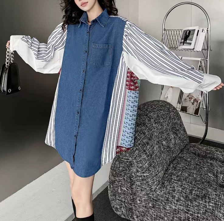 Loose Vintage Denim Patchwork Striped Long Sleeve Shirt Dress