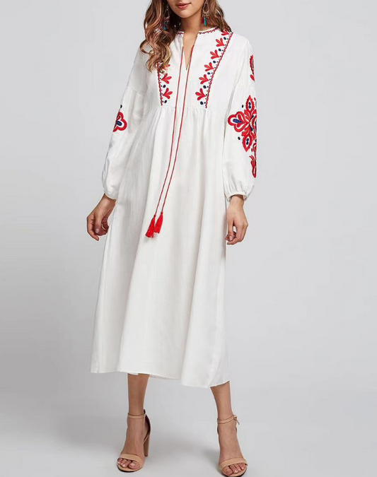 Elegant V-Neck Tie Embroidered Fringe Long Sleeve Dress