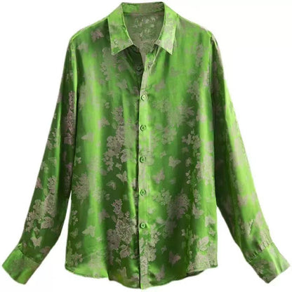 Chinese Style Green Printed Silk Jacquard Shirt Top