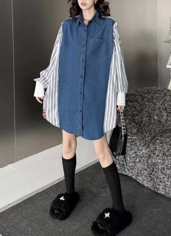 Loose Vintage Denim Patchwork Striped Long Sleeve Shirt Dress