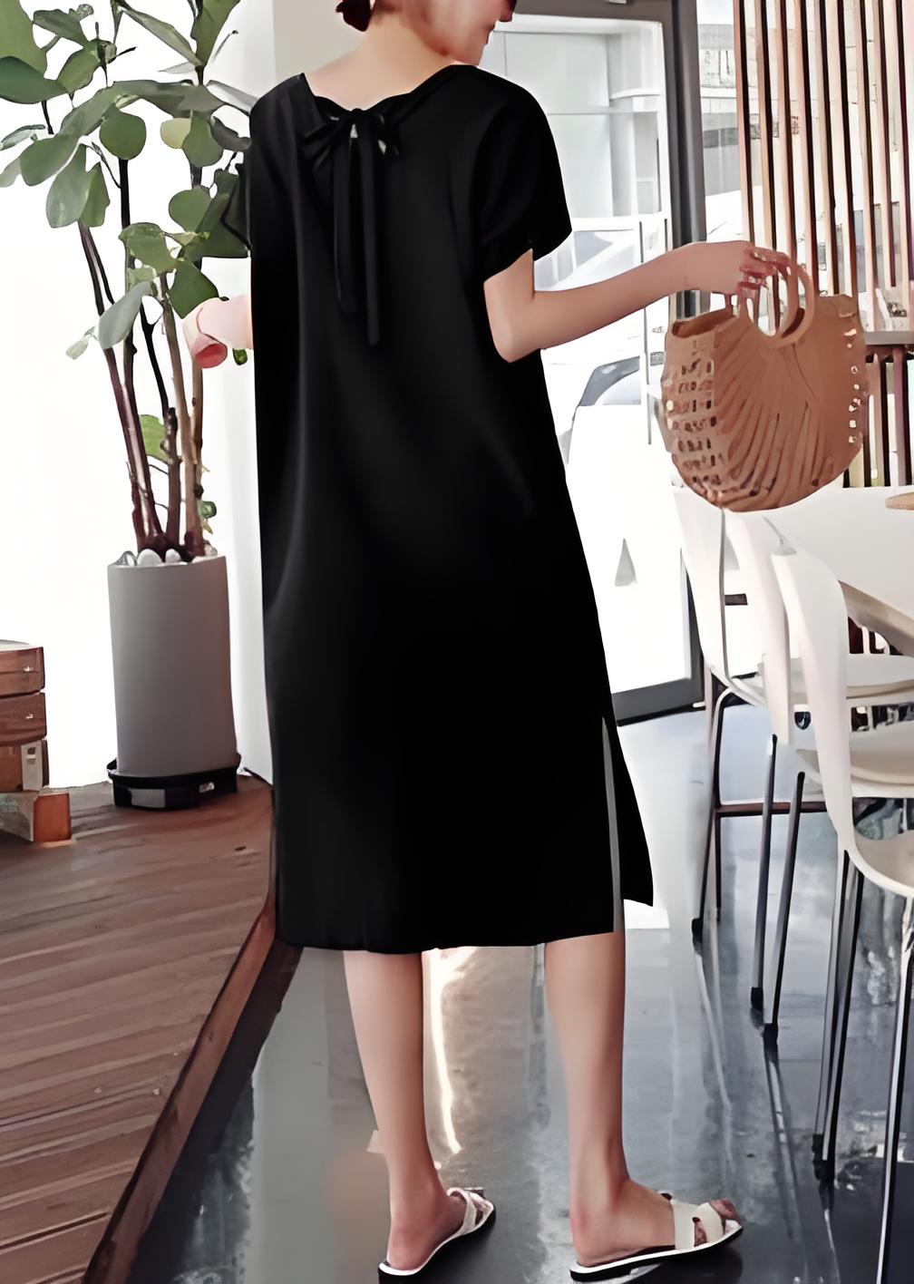 Casual Round Neck Side Split Cotton Summer Linen Black Dresses