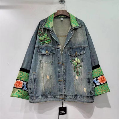 Vintage Patchwork Printed Beaded Denim Jacket