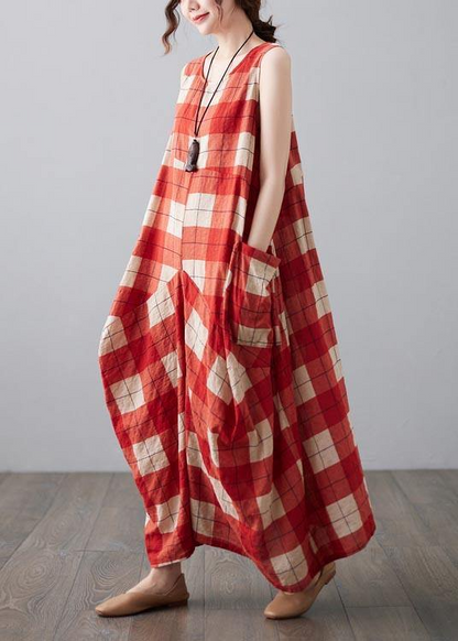 Casual Red Plaid Sleeveless Pocket Dress