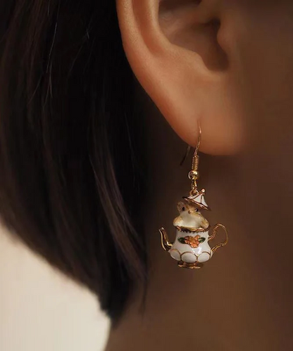 Women's Sterling Silver Gold Plated Teacup Squirrel Dangle Earrings