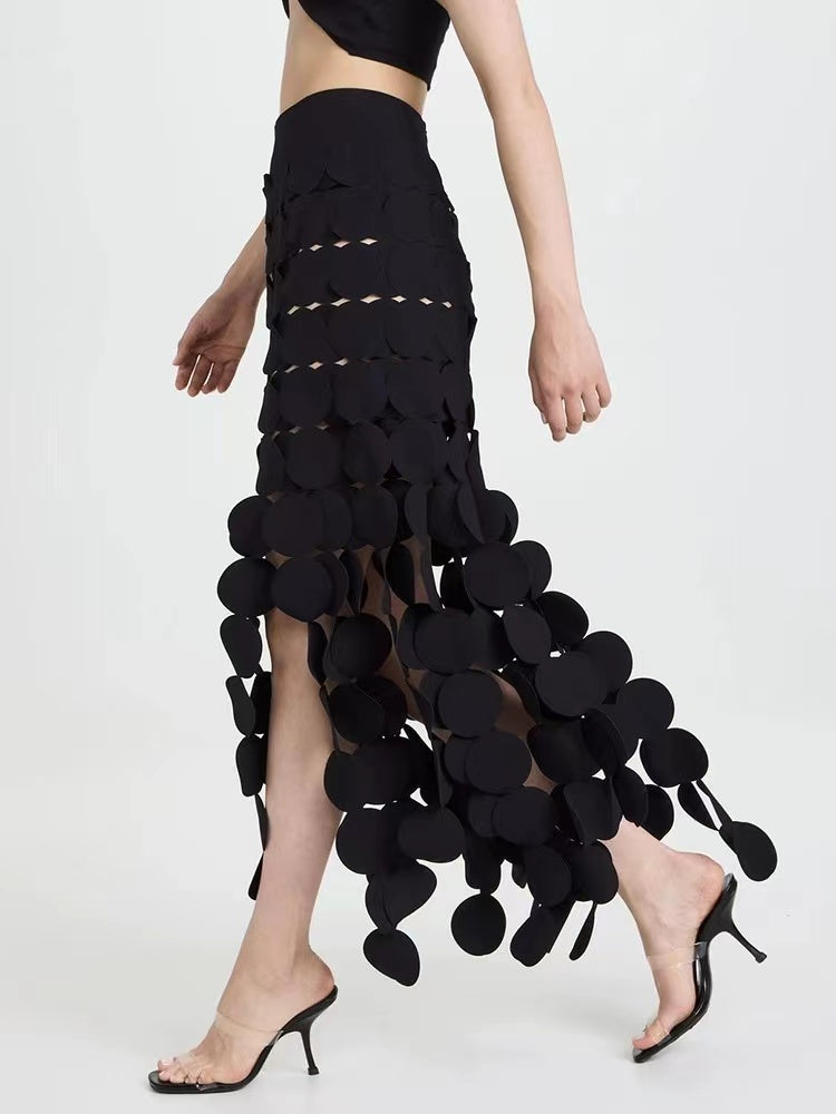 Elegant Round Piece Fringe Hollow Embroidery Fluttering Midi Skirt