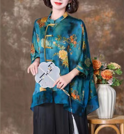 Elegant Stand Collar Oversized Patchwork Printed Silk Blouse Batwing Sleeve Top