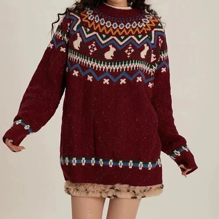 Loose Red Geometric Sweater