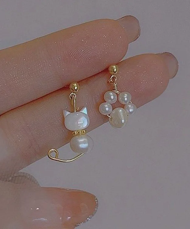 Women's Pearl Kitten Asymmetrical Dangle Earrings