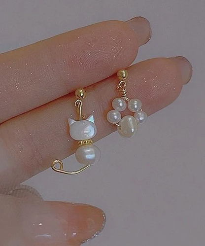 Women's Pearl Kitten Asymmetrical Dangle Earrings