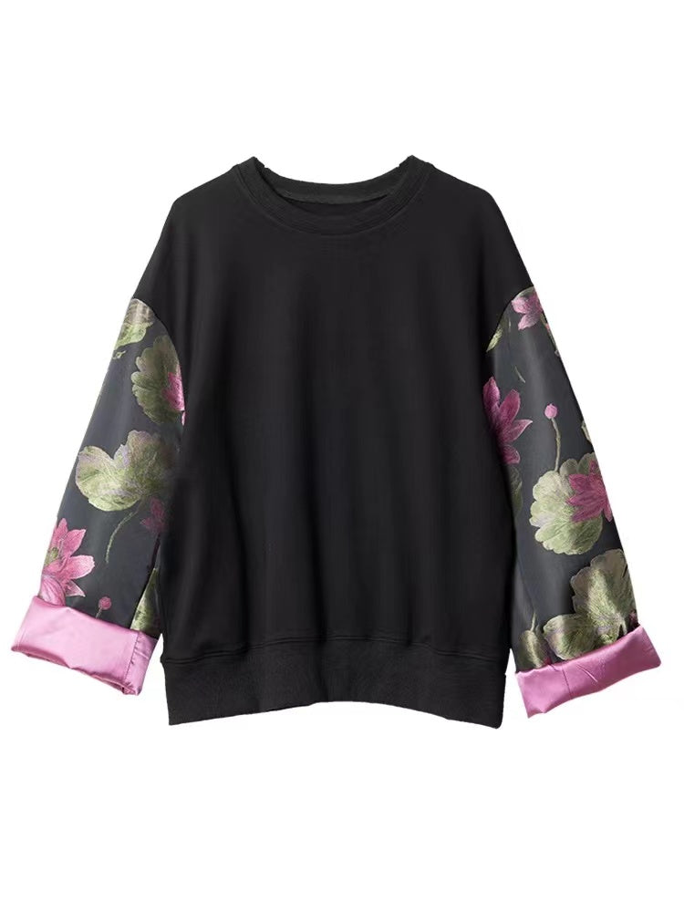 Loose Round Neck Patchwork Floral Sweatshirt