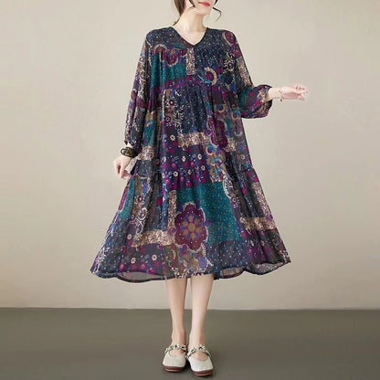 Loose v-neck printed lantern long sleeve dress