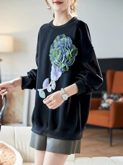 Loose Mesh Beaded Patchwork Round Neck Long Sleeve Sweatshirt