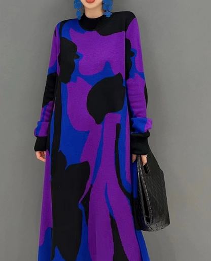 Artistic patterned colorful turtleneck printed knit dress