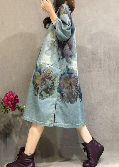 O Neck Printed Side Split Denim Short Sleeve Dress