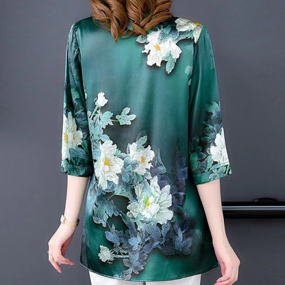 Elegant Standing Collar Printed Silk Short Sleeve Blouse Top