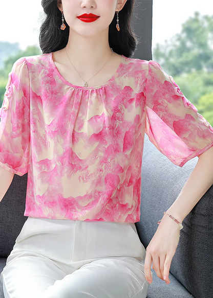 Round Neck Printed Chiffon Shirt Short Sleeve Top