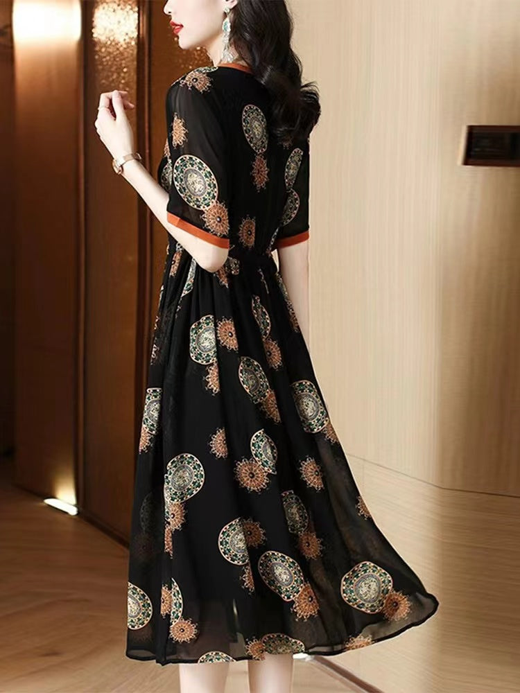 Women's Tightening Printed Chiffon Long Dresses