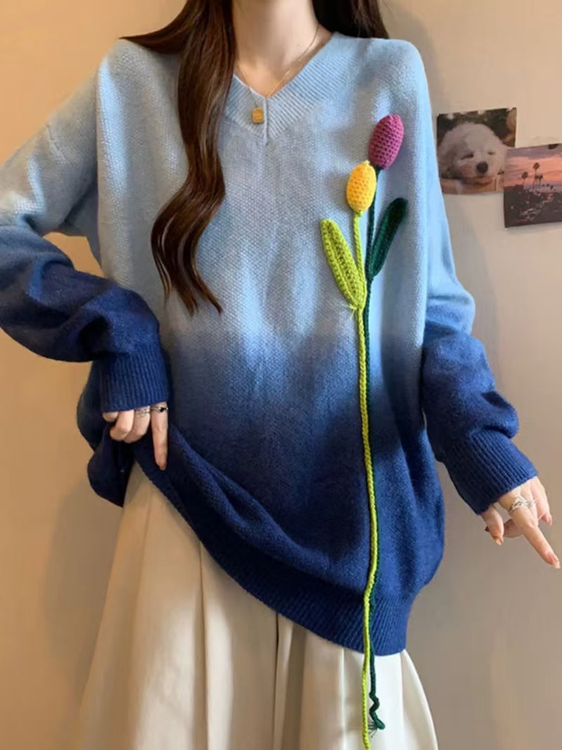 Art Gradient V-Neck Flower Knit Long Sleeve Sweater